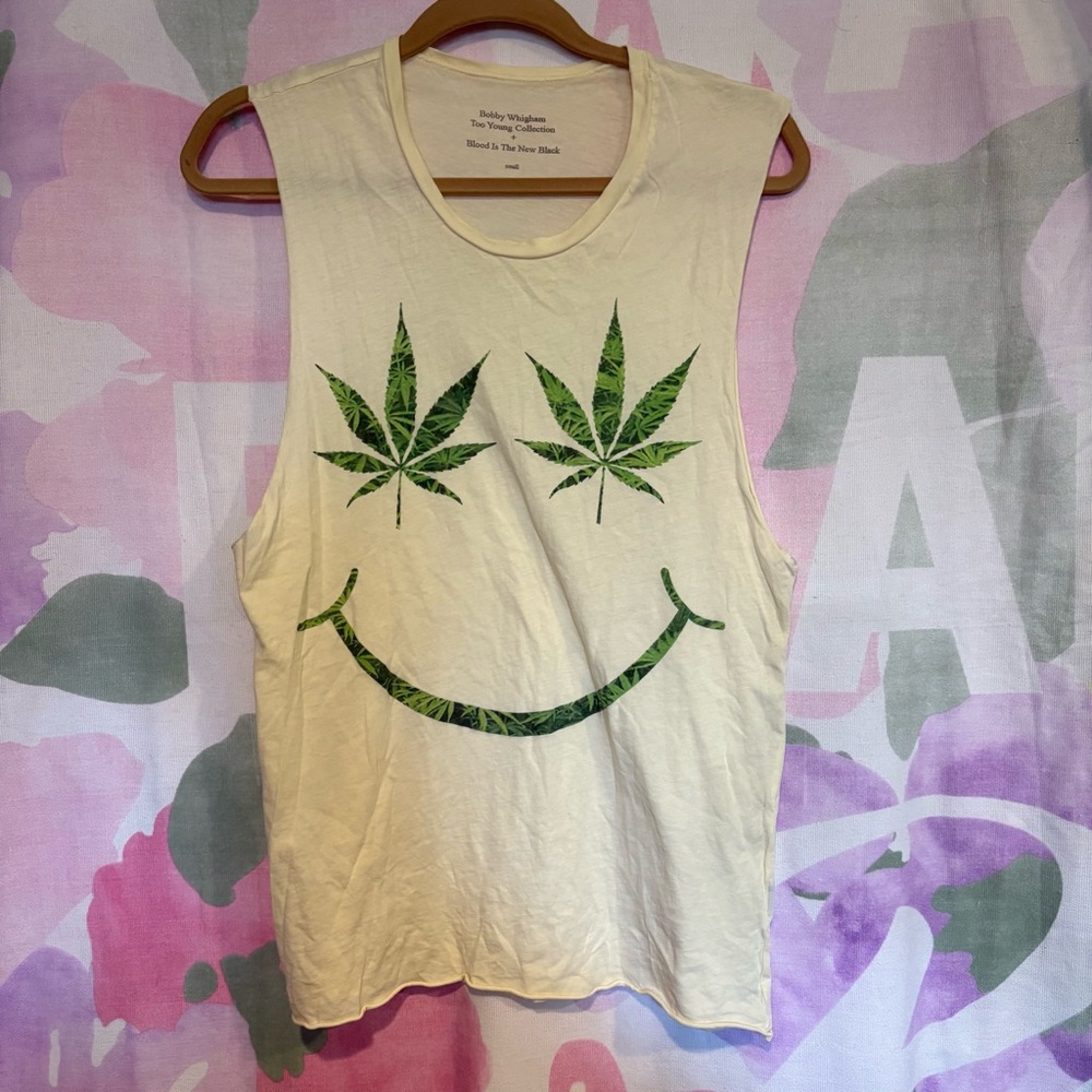 Bobby Whigham Too Young Collection EUC Fun Cream Muscle Tank Green Leaf Design S
